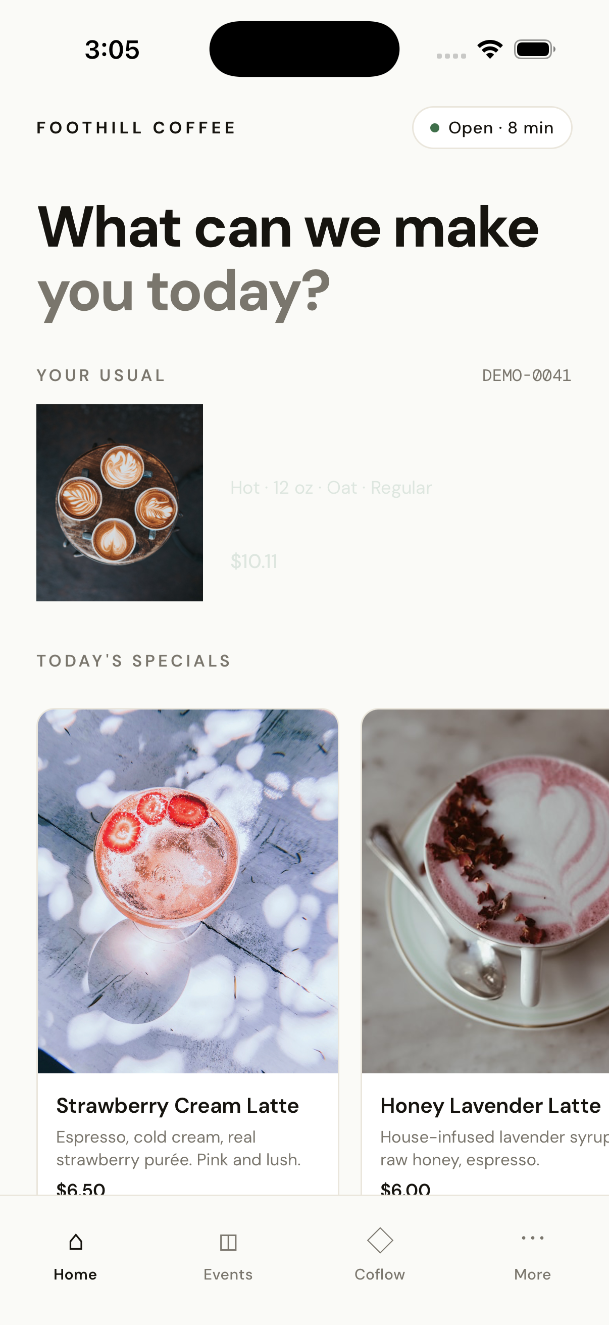 Cafe ordering app — branded home screen